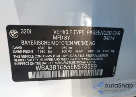 2014 BMW 320I z USA, uszkodzony, nr VIN WBA3B1G55ENS78589